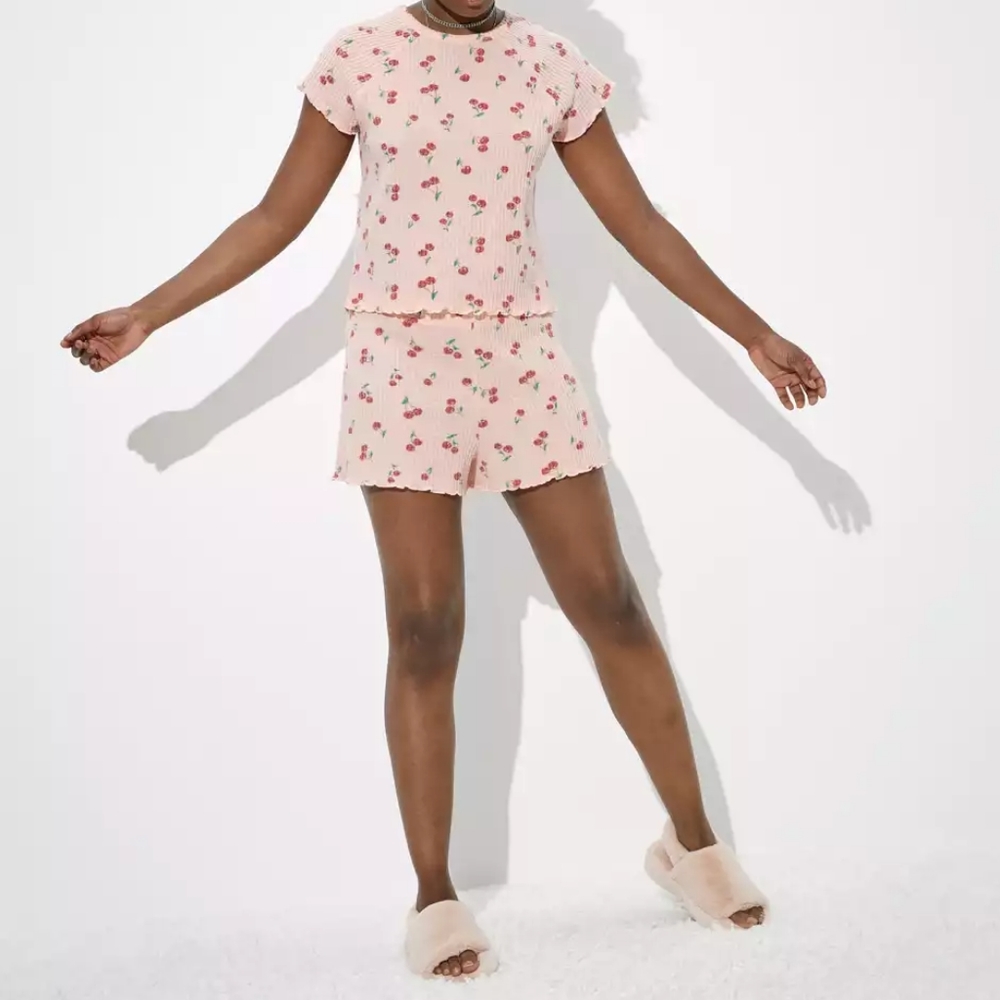 NWOT American Eagle AEO Brushed Waffle Cherry PJ Set